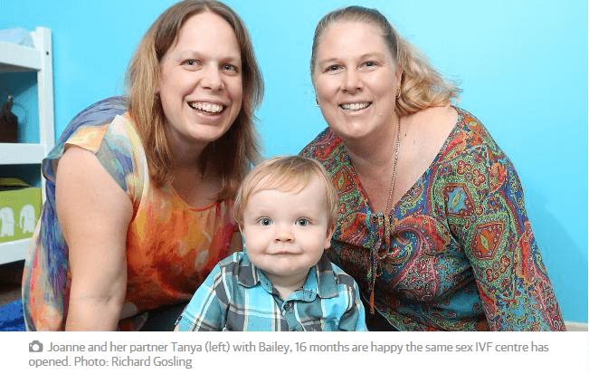 Joanne and her partner Tanya (left) with Bailey, 16 months are happy the same sex IVF centre has opened. Photo: Richard Gosling