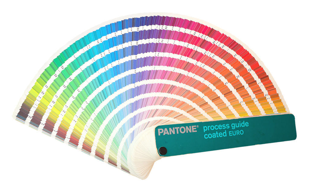 Pantone process guide coated EURO. Rainbow sample colours catalogue in many shades of colors or spectrum isolated on white background. Colour chart with color code detail information.