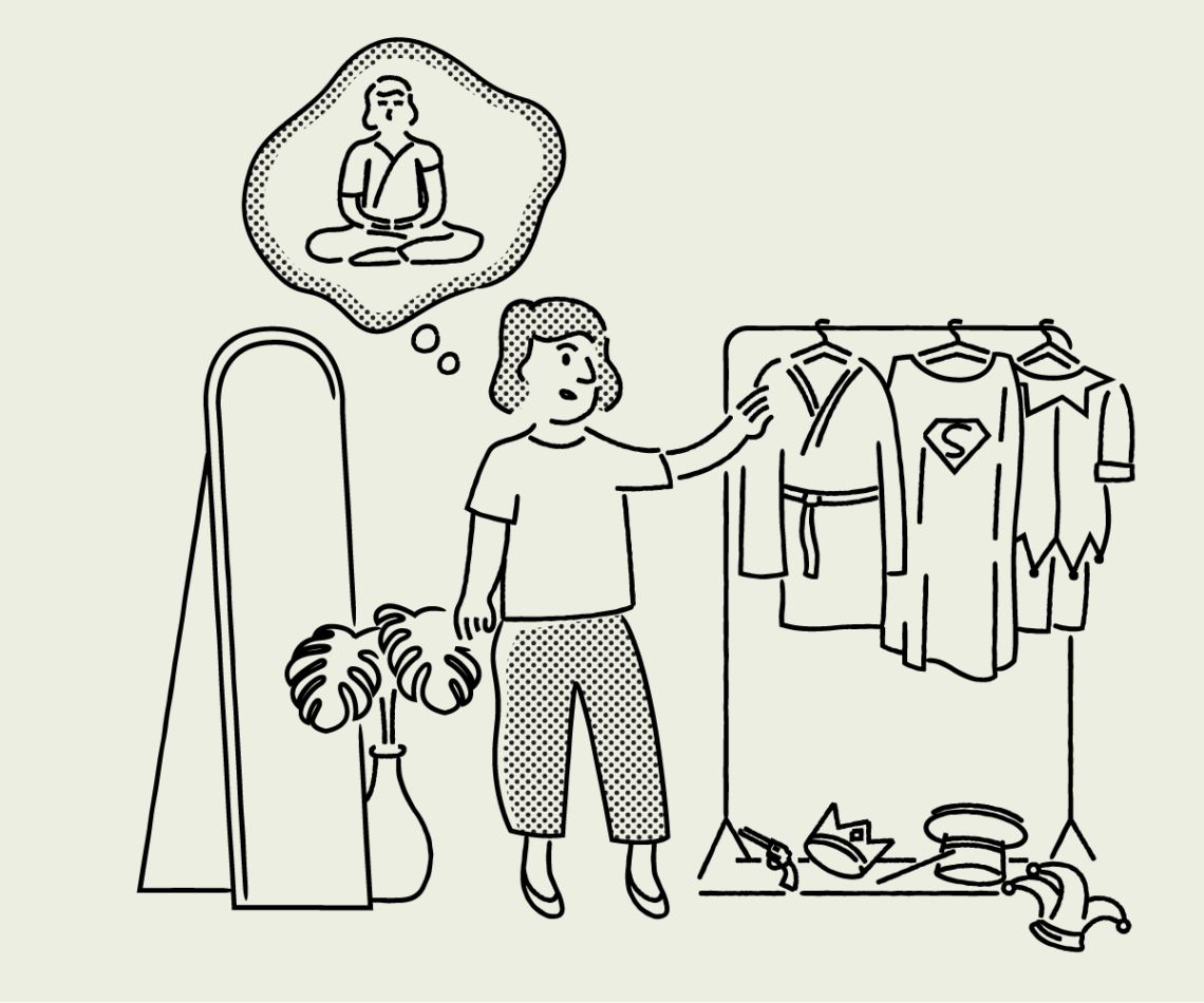 A woman trying on different costumes to find her brand archetype