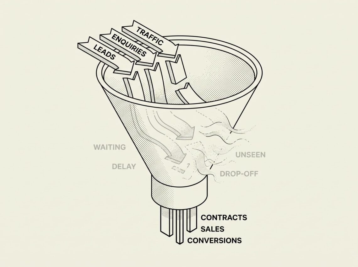 Illustration showing how off-the-plan enquiries disappear in a property campaign.