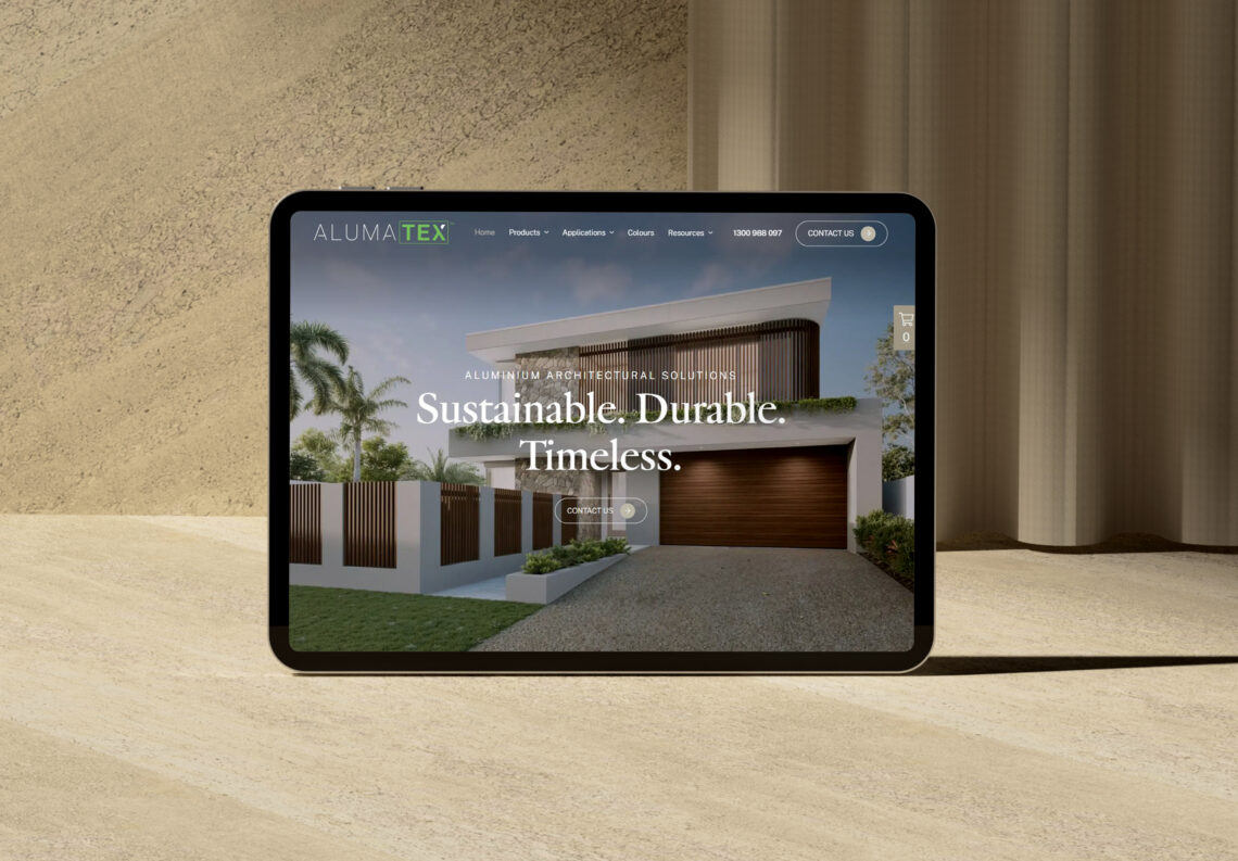 Tablet showing the AlumaTEX home page.